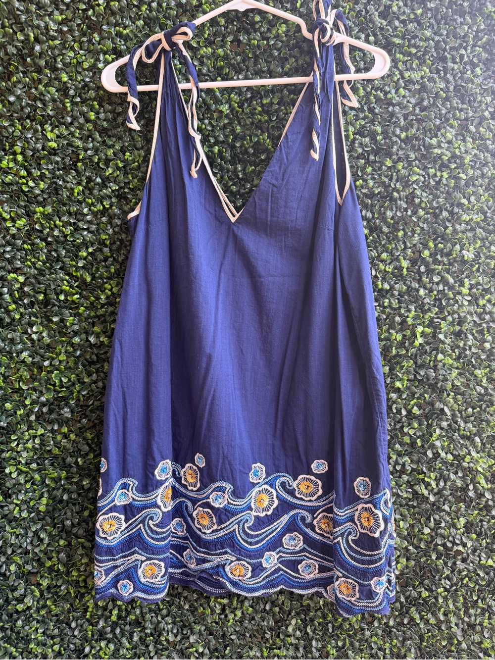 Anthropologie Navy Blue Tie-Shoulder Mini Dress with Floral Embroidery